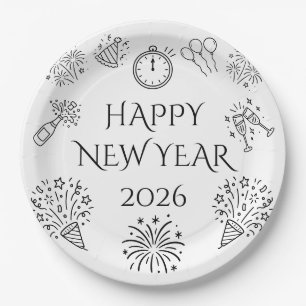 Whimsical Doodles Black Happy New Year 2026 Paper Plates
