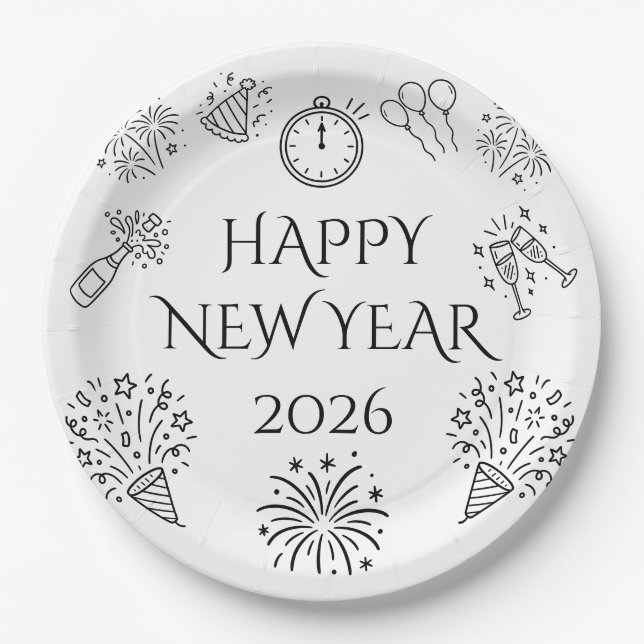 Whimsical Doodles Black Happy New Year 2026 Paper Plates (Front)
