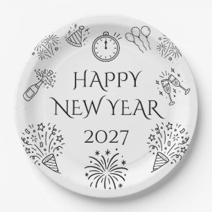 Whimsical Doodles Black Happy New Year 2027 Paper Plates