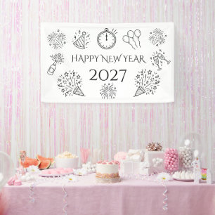 Whimsical Doodles Black Text Happy New Year 2027 Banner