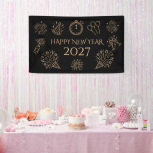 Whimsical Doodles Gold Black Happy New Year 2027 Banner