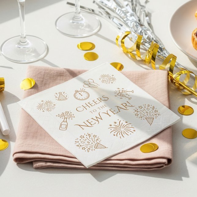 Whimsical Doodles Gold Cheers to New Year Party Napkins (Creator Uploaded)