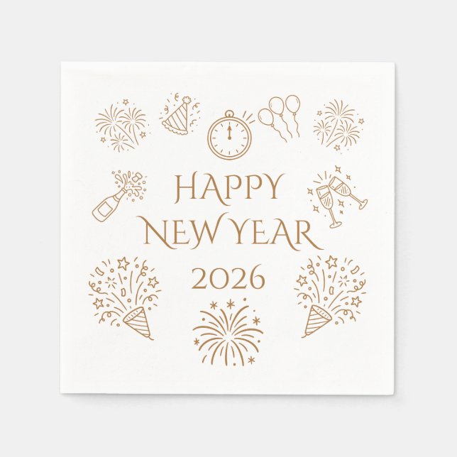 Whimsical Doodles Gold Happy New Year 2026 Napkins (Front)