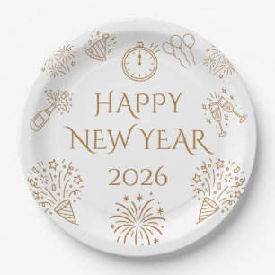 Whimsical Doodles Gold Happy New Year 2026 Paper Plates