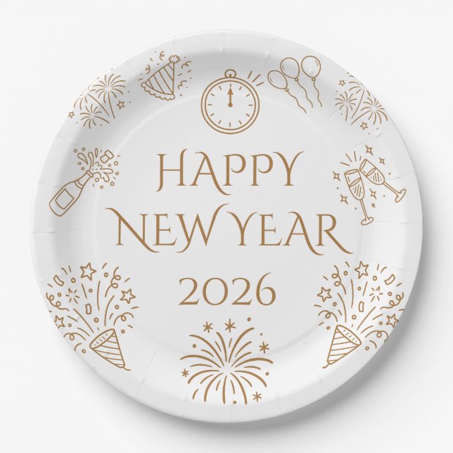 Whimsical Doodles Gold Happy New Year 2026 Paper Plates (Front)