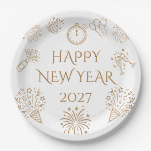 Whimsical Doodles Gold Happy New Year 2027 Paper Plates