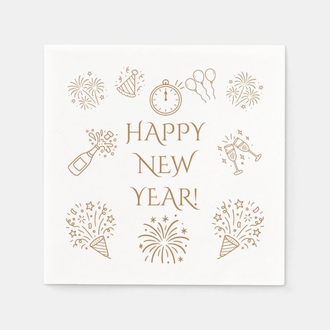 Whimsical Doodles Gold Happy New Year Napkins (Front)