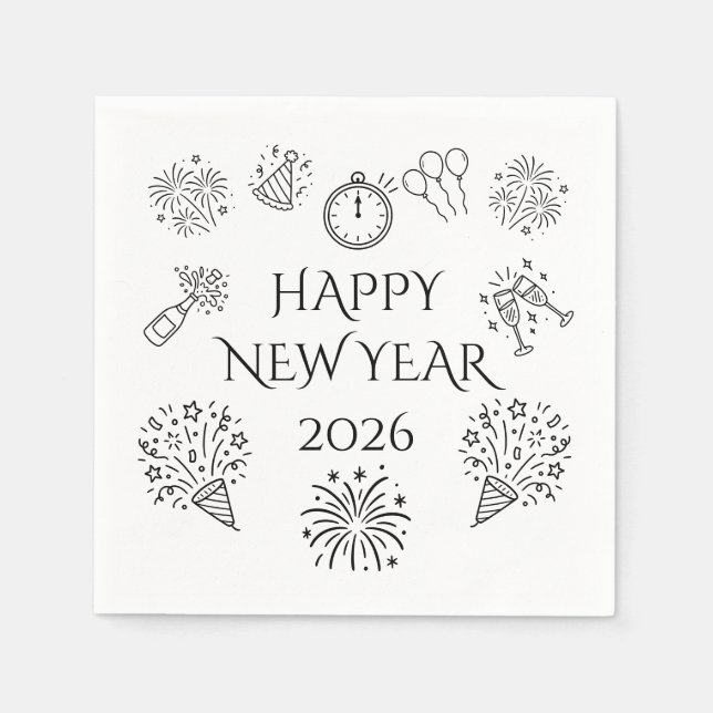 Whimsical Doodles Happy New Year 2026 Napkins (Front)