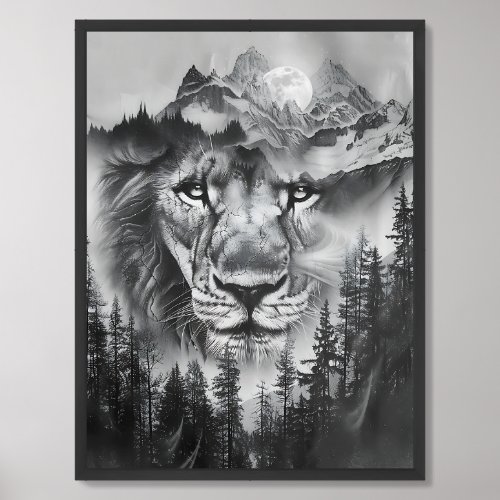 Whimsical double exposure lion mountain and moon framed art