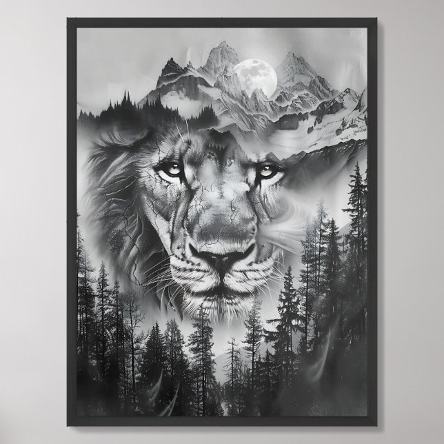 Whimsical double exposure lion mountain and moon framed art (Framed Front)