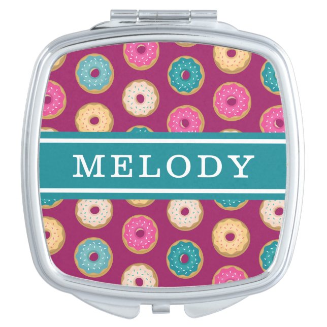 Whimsical Doughnut Pattern on Purple Compact Mirror (Front)