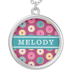 Whimsical Doughnut Pattern on Purple Silver Plated Necklace