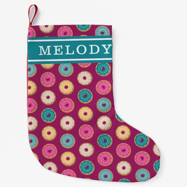 Whimsical Doughnut Pattern on Purple Small Christmas Stocking (Front)