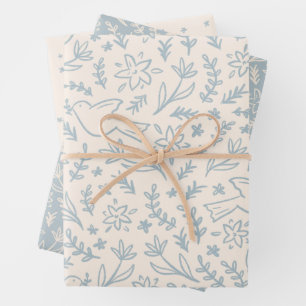Whimsical Dove & Flowers Religious Symbol Blue Wrapping Paper Sheets