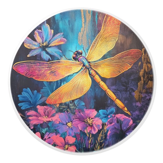 Whimsical Dragon Fly Garden Glow  Ceramic Knob (Front)