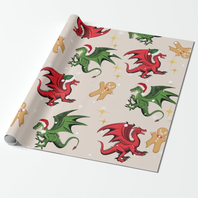Whimsical Dragon & Gingerbread Christmas Wrapping  Paper (Unrolled)