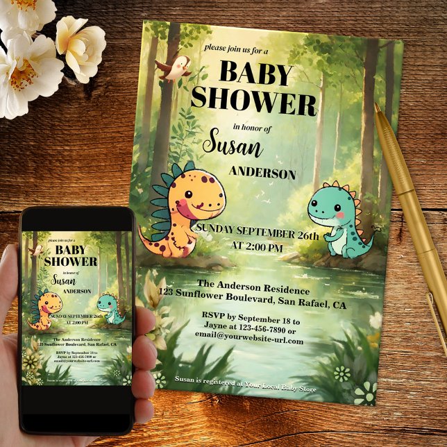 Whimsical Dragon Jungle Baby Shower Invitation (A cute whimsical baby shower invitation showing a painting of dragons in a jungle at the waterfront)