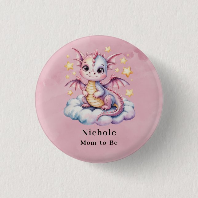 Whimsical Dragon On A Cloud Baby Shower  Button (Front)