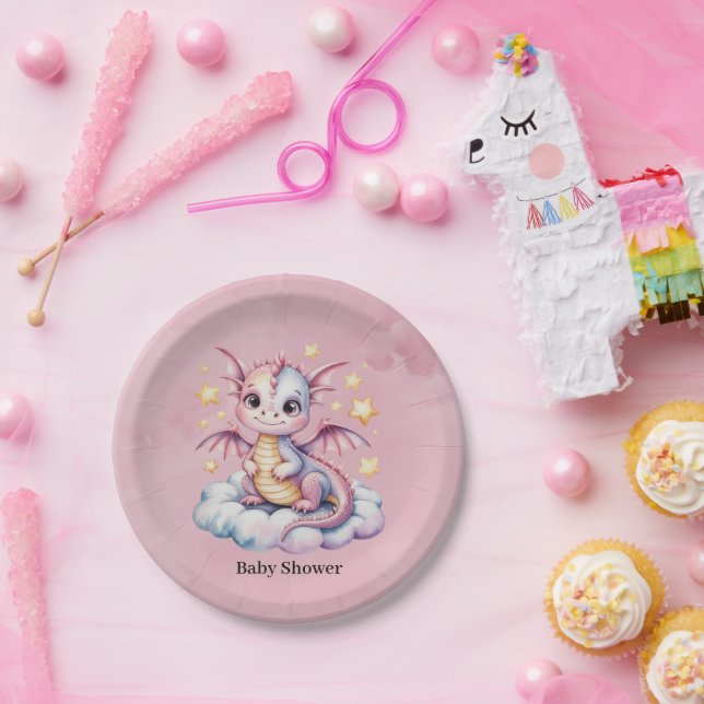 Whimsical Dragon On A Cloud Baby Shower Paper Plates (Party)