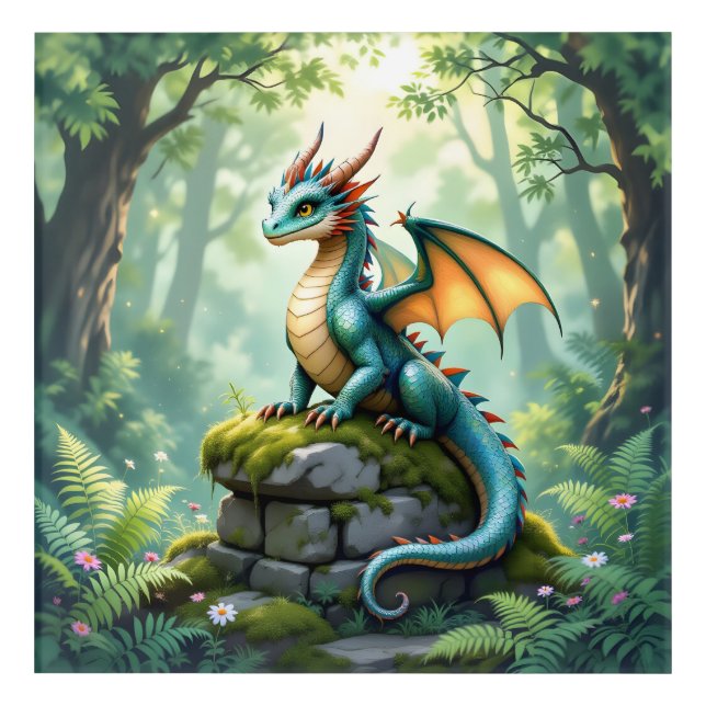 Whimsical Dragon on Ancient Stone Acrylic Print (Front)