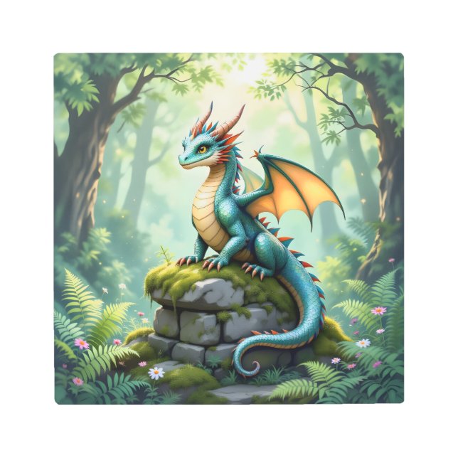 Whimsical Dragon on Ancient Stone Metal Print (Front)