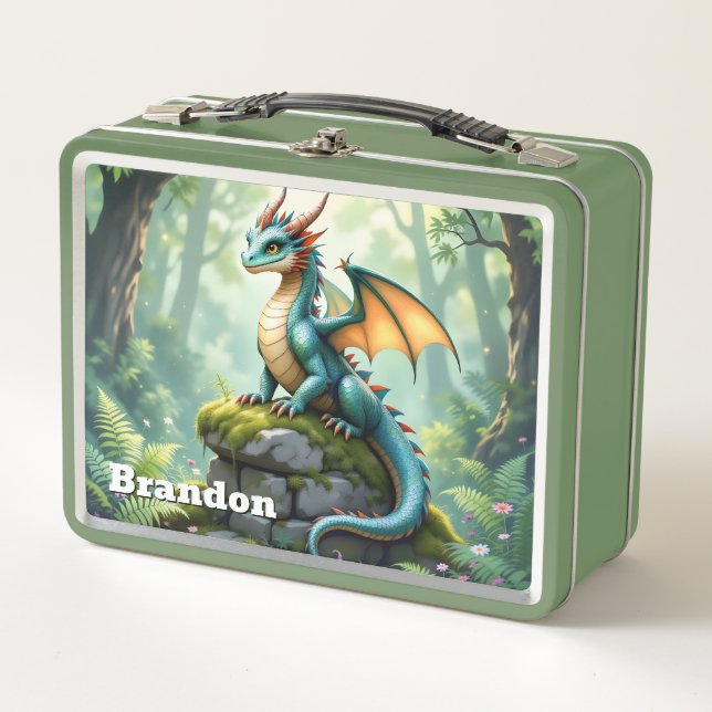 Whimsical Dragon on Ancient Stone Personalized Metal Lunch Box (Front)