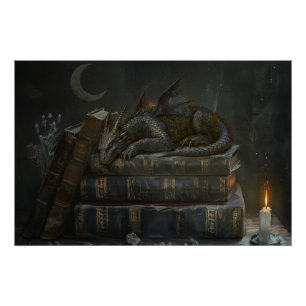 Whimsical Dragon on Books Wall Art Dark Academia