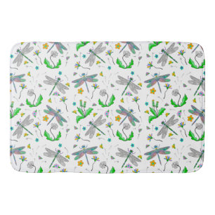Whimsical Dragonflies and Dandelions Hand Drawn Bath Mat