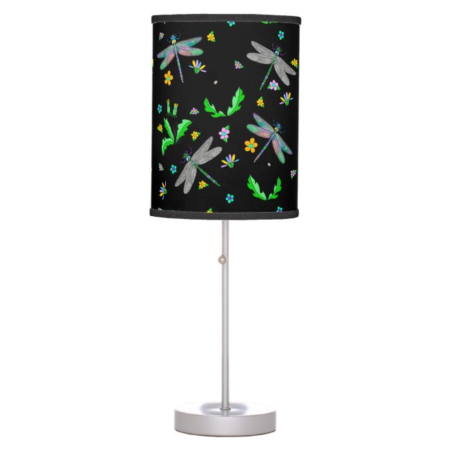 Whimsical Dragonflies and Dandelions Hand Drawn Table Lamp (Front)