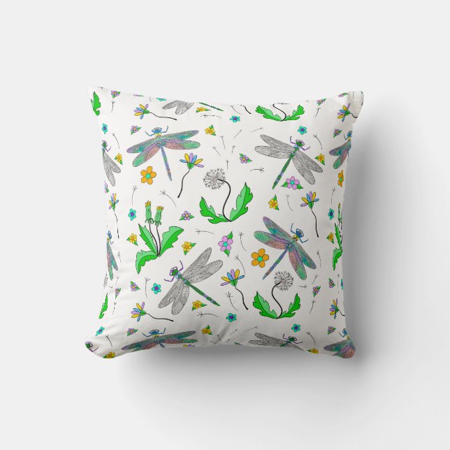 Whimsical Dragonflies and Dandelions Hand Drawn Throw Pillow (Front)