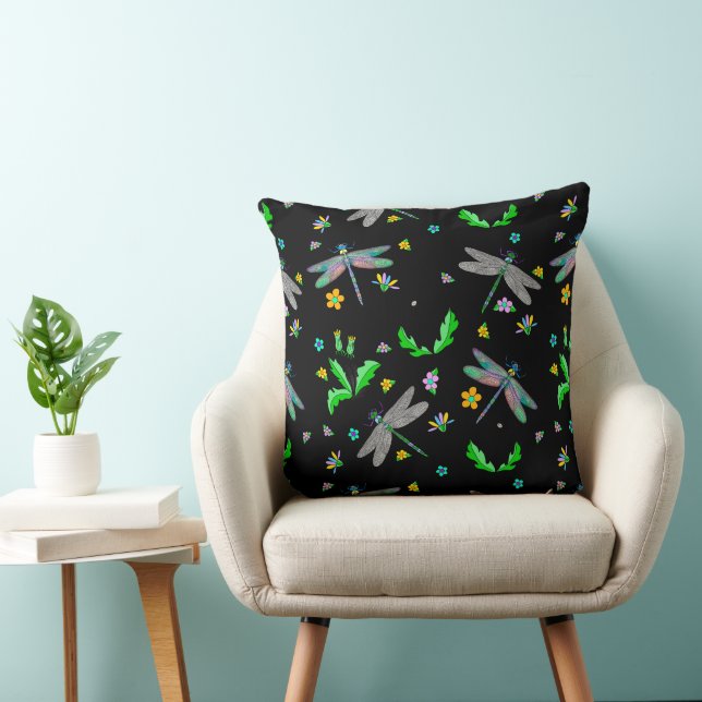 Whimsical Dragonflies and Dandelions Hand Drawn   Throw Pillow (Chair)