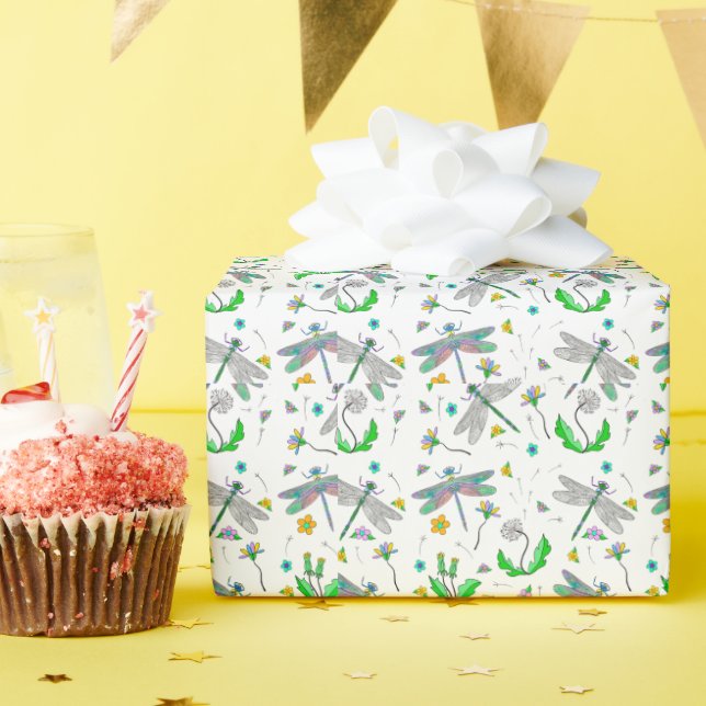 Whimsical Dragonflies and Dandelions Hand Drawn   Wrapping Paper (Birthday Party)