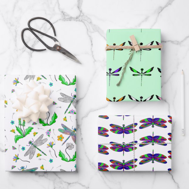 Whimsical Dragonflies and Dandelions Hand Drawn  Wrapping Paper Sheets (Front)