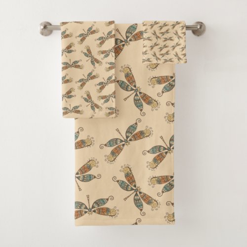 Whimsical Dragonflies Butter Cream Earthy Bath Towel Set