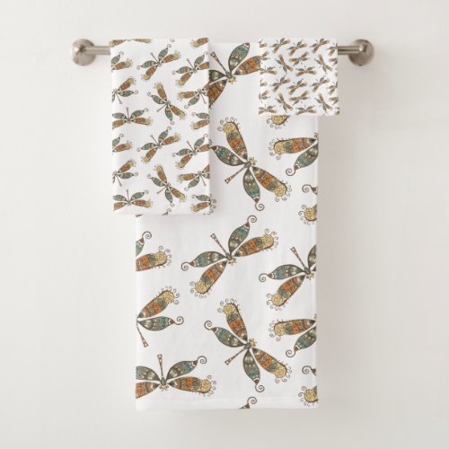 Whimsical Dragonflies Earthy Brown Olive On White Bath Towel Set
