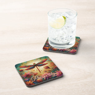 Whimsical Dragonfly Floral Abstract Art Prosperity Beverage Coaster