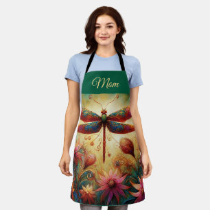 Whimsical Dragonfly Floral Abstract Art Teal Pink Apron