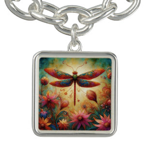 Whimsical Dragonfly Floral Abstract Art Teal Pink Bracelet
