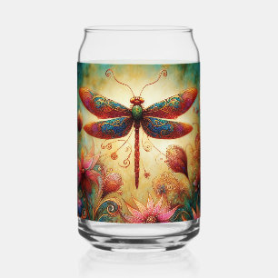 Whimsical Dragonfly Floral Abstract Art Teal Pink Can Glass