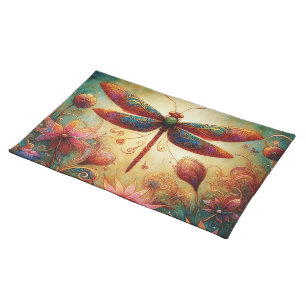 Whimsical Dragonfly Floral Abstract Art Teal Pink Cloth Placemat
