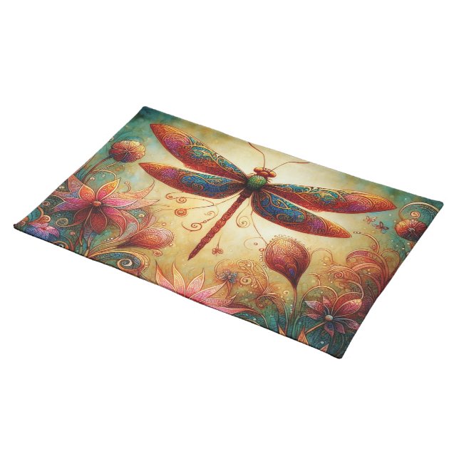 Whimsical Dragonfly Floral Abstract Art Teal Pink Cloth Placemat (On Table)