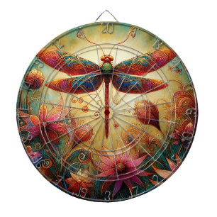 Whimsical Dragonfly Floral Abstract Art Teal Pink Dart Board