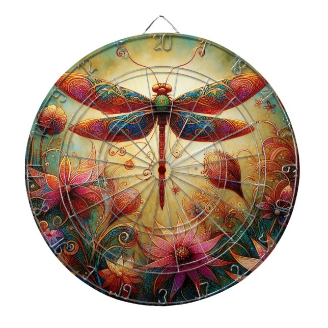 Whimsical Dragonfly Floral Abstract Art Teal Pink Dart Board (Front)