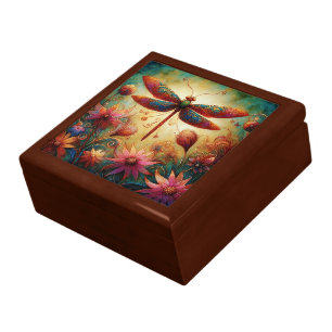Whimsical Dragonfly Floral Abstract Art Teal Pink Gift Box