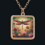 Whimsical Dragonfly Floral Abstract Art Teal Pink Gold Plated Necklace<br><div class="desc">Whimsical Dragonfly Floral Abstract Art Teal Pink</div>