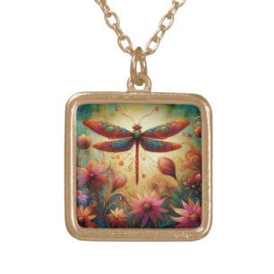 Whimsical Dragonfly Floral Abstract Art Teal Pink Gold Plated Necklace