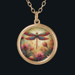 Whimsical Dragonfly Floral Abstract Art Teal Pink Gold Plated Necklace<br><div class="desc">Whimsical Dragonfly Floral Abstract Art Teal Pink</div>