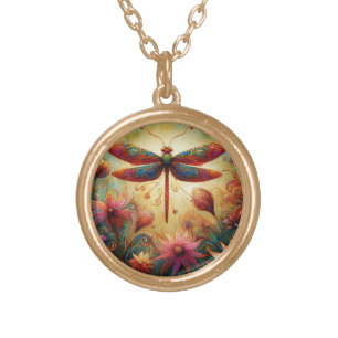 Whimsical Dragonfly Floral Abstract Art Teal Pink Gold Plated Necklace