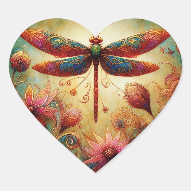 Whimsical Dragonfly Floral Abstract Art Teal Pink Heart Sticker (Front)