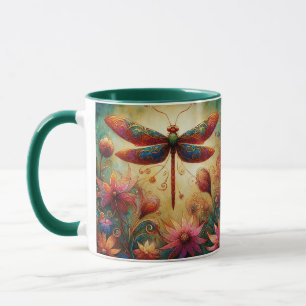 Whimsical Dragonfly Floral Abstract Art Teal Pink Mug